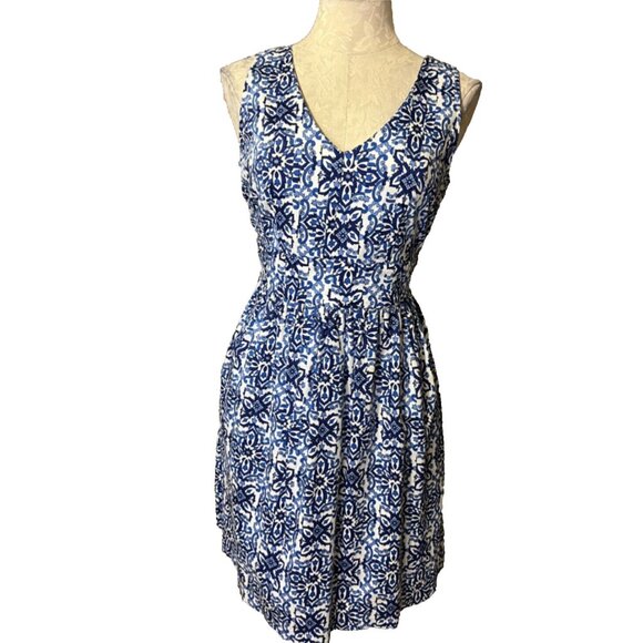 Milly New York 8 Stretch Cotton Blue Ivory A Line Dress Washable Sleeveless - Picture 1 of 5